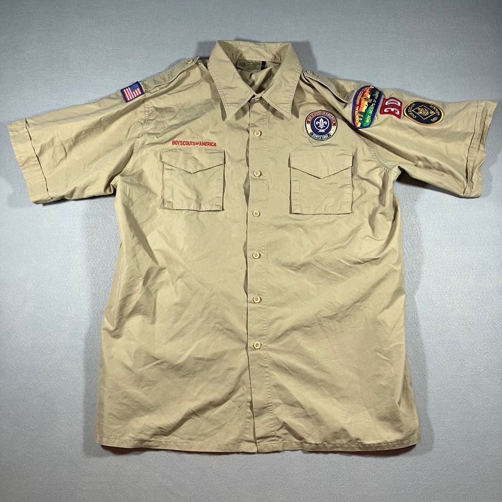 Boy Scouts of America Mens L Khaki Short Sleeve Den Leader Minn. Shirt Patches
